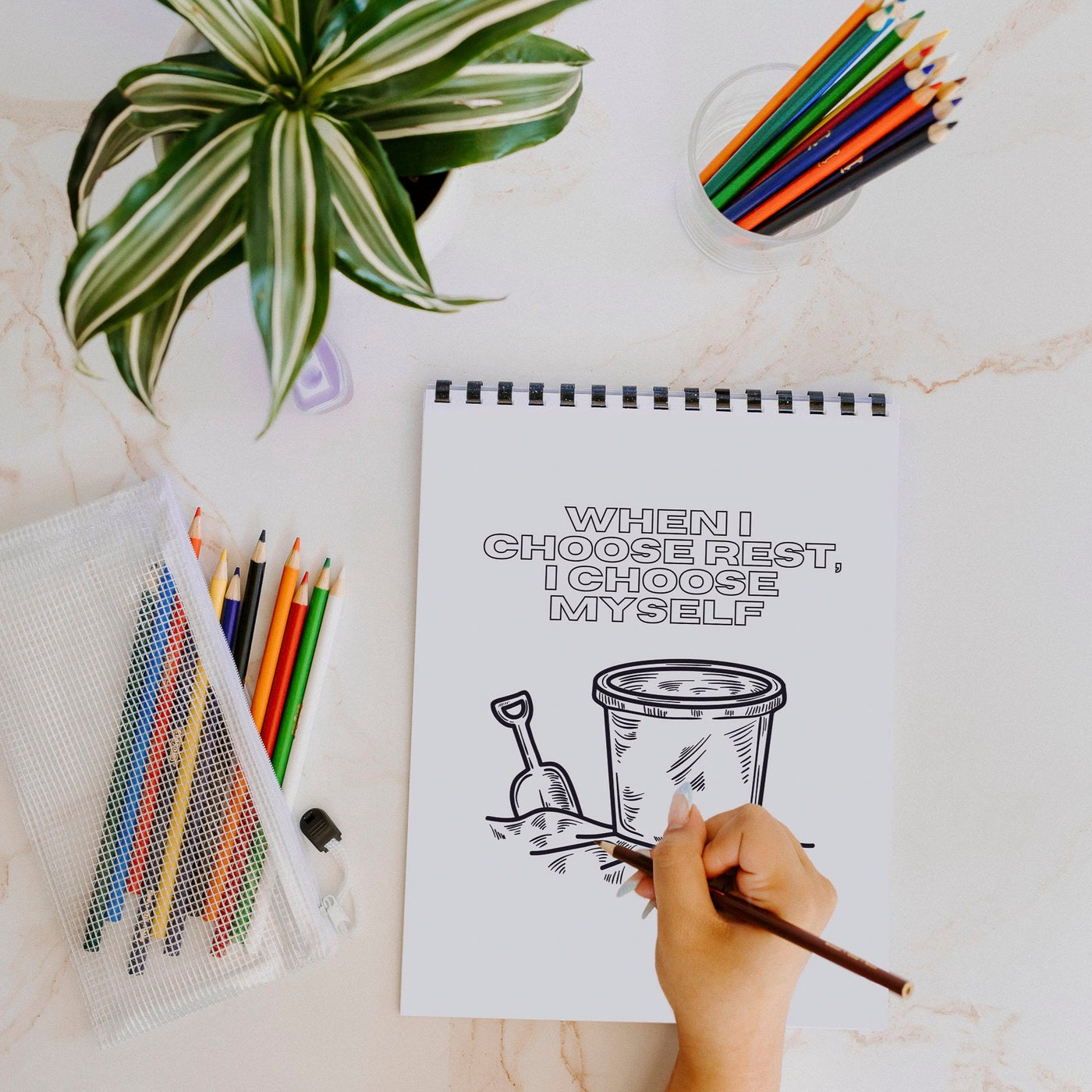 Rest Affirmation Coloring Book | Colored pencil & pouch set