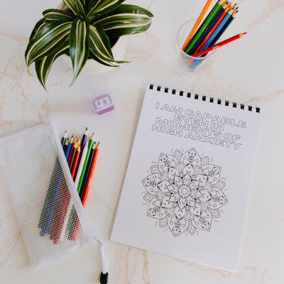 Anxiety Affirmation Coloring Book | Colored pencil & pouch set