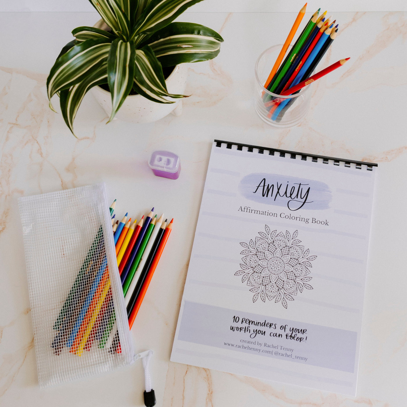 Anxiety Affirmation Coloring Book | Colored pencil & pouch set