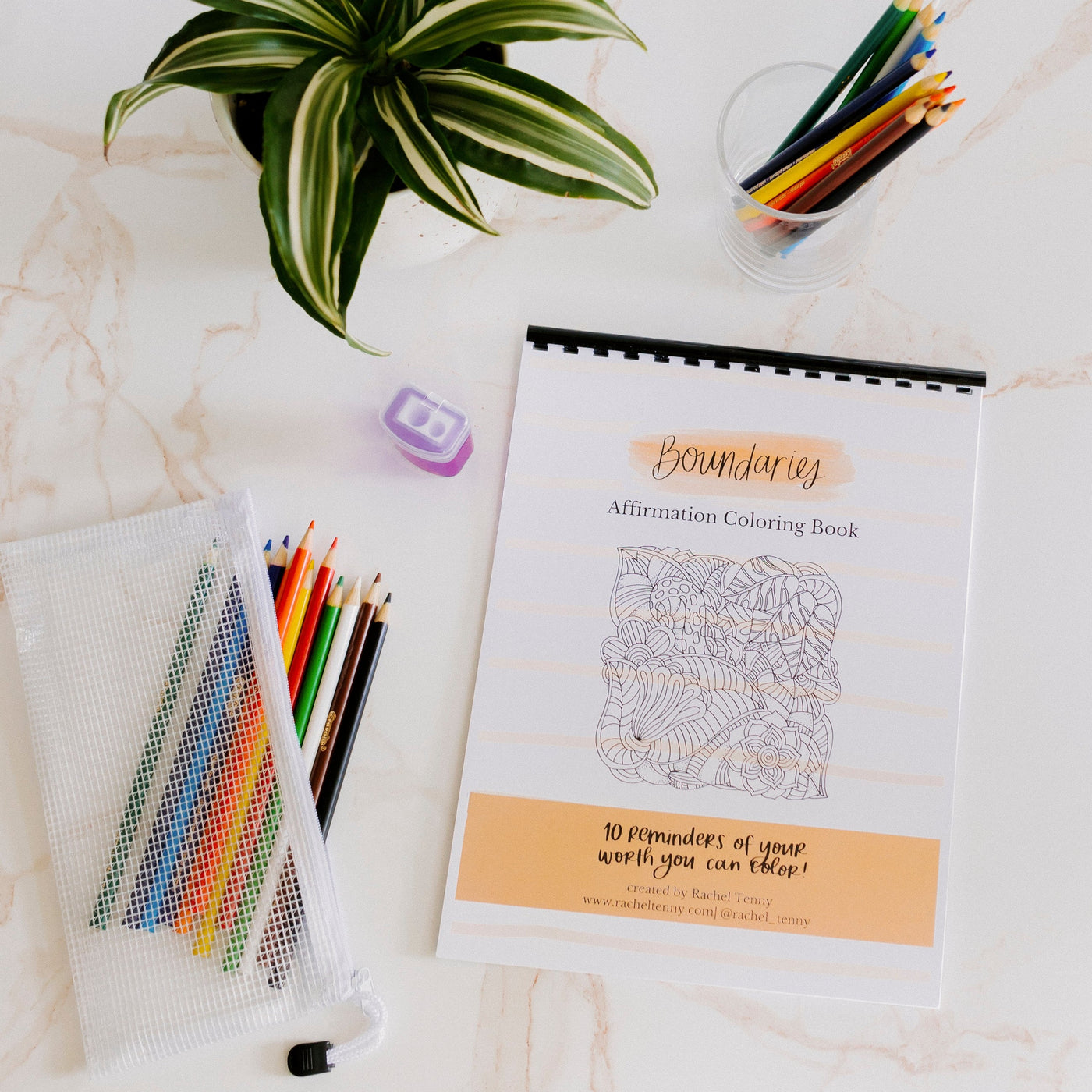 Boundaries Affirmation Coloring Book | Colored pencil & pouch set