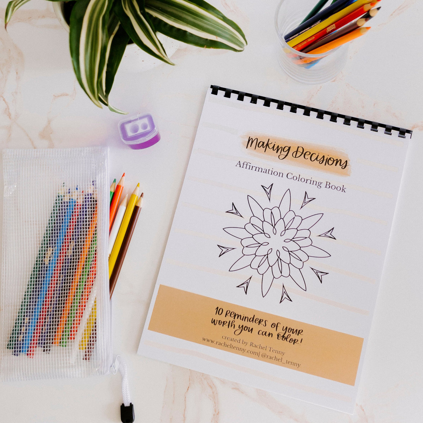 Making Decisions Affirmation Coloring Book | Colored pencil & pouch set