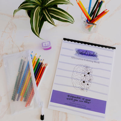 Mental Health Affirmation Coloring Book | Colored pencil & pouch set