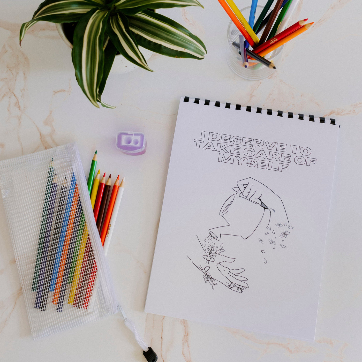Mental Health Affirmation Coloring Book | Colored pencil & pouch set