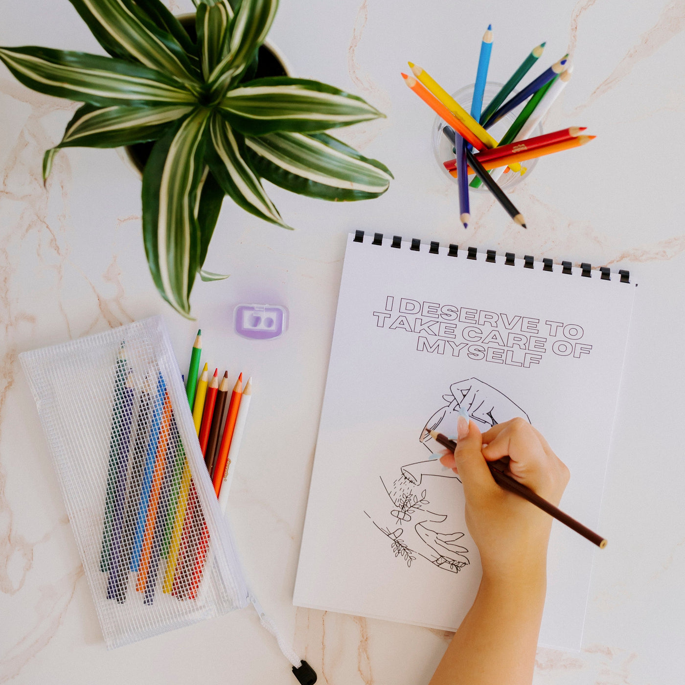 Mental Health Affirmation Coloring Book | Colored pencil & pouch set