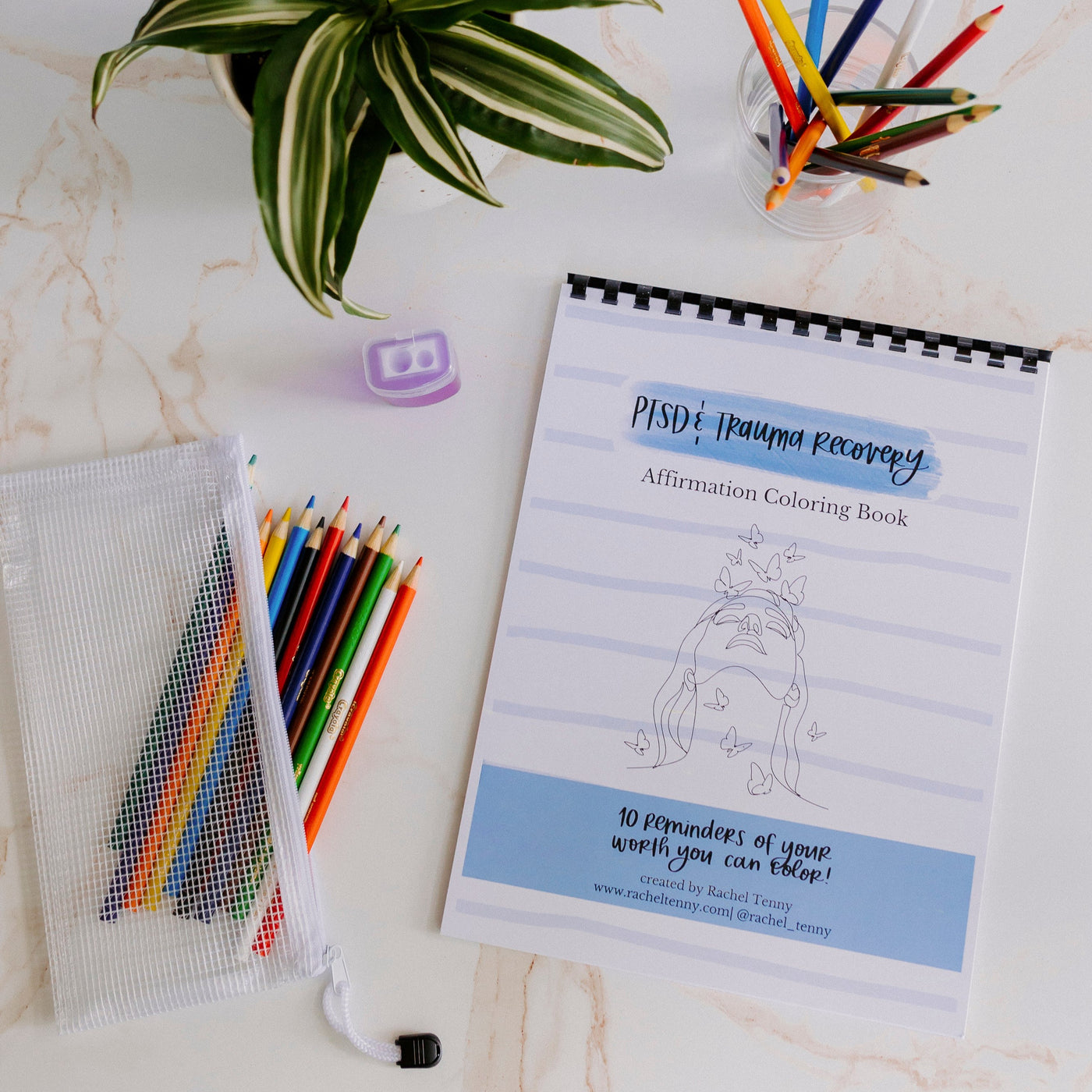 PTSD & Trauma Recovery Affirmation Coloring Book | Colored pencil & pouch set