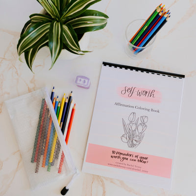 Self Worth Affirmation Coloring Book | Colored pencil & pouch set