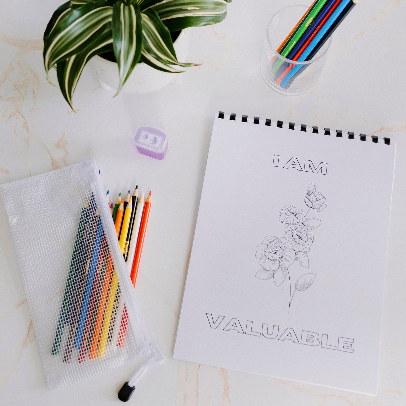 Self Worth Affirmation Coloring Book | Colored pencil & pouch set